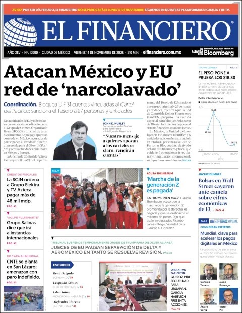 Portada de El Financiero del viernes, 14 de noviembre de 2025