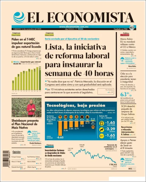 Portada de El Economista del viernes, 14 de noviembre de 2025
