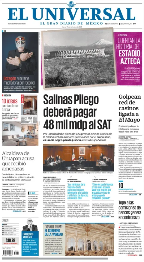Portada de El Universal del viernes, 14 de noviembre de 2025