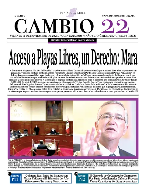 Portada de Diario Cambio 22 (portada) del viernes, 14 de noviembre de 2025