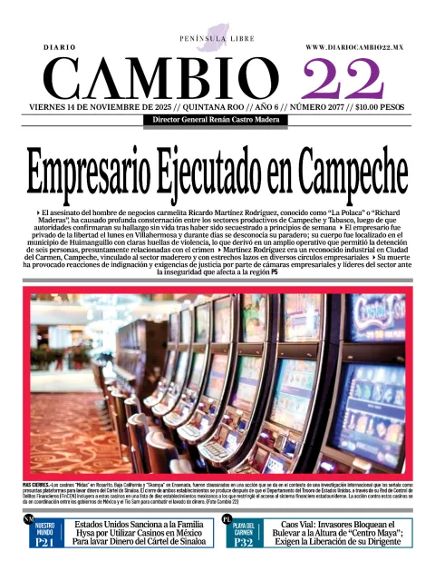 Portada de Diario Cambio 22 (contraportada) del viernes, 14 de noviembre de 2025