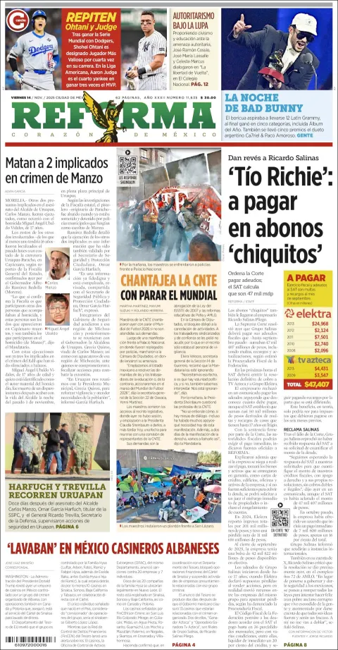 Portada de Reforma del viernes, 14 de noviembre de 2025