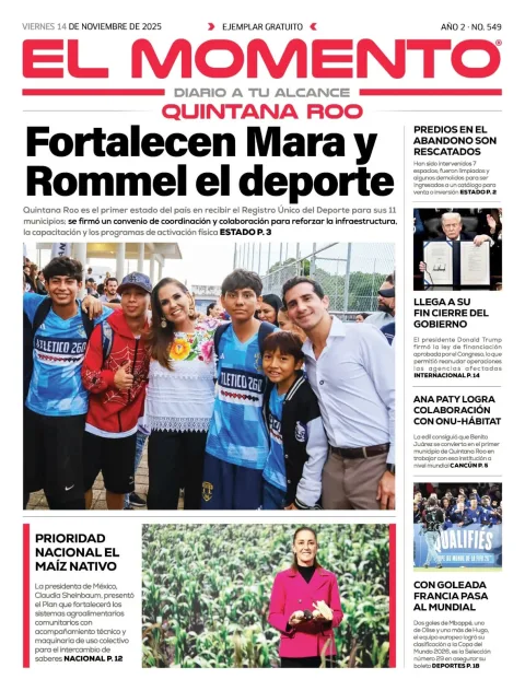 Portada de El Momento Quintana Roo del viernes, 14 de noviembre de 2025