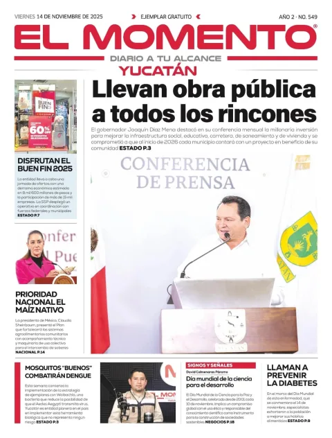 Portada de El Momento Yucatan del viernes, 14 de noviembre de 2025