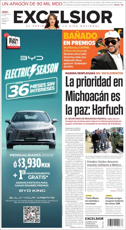 Portada de Excelsior del viernes, 14 de noviembre de 2025