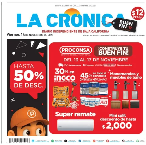 Portada de La Cronica del viernes, 14 de noviembre de 2025