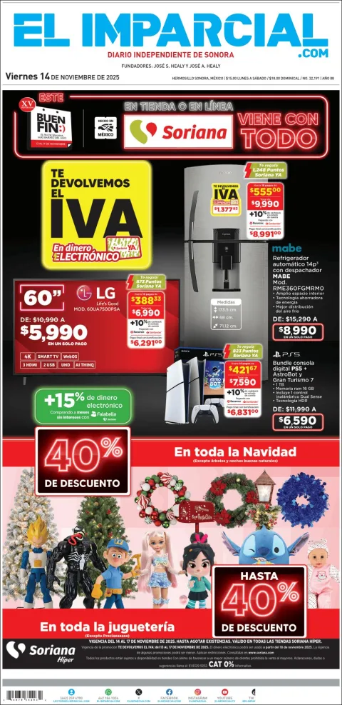 Portada de El Imparcial del viernes, 14 de noviembre de 2025