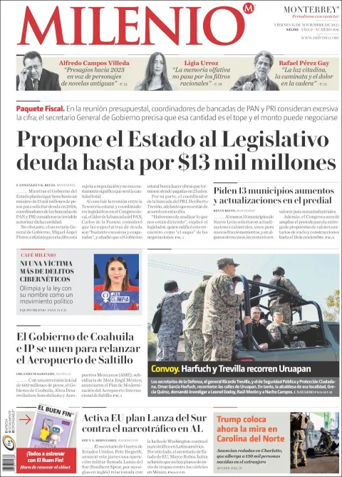 Portada de Milenio del viernes, 14 de noviembre de 2025