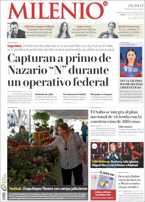 Portada de Milenio Jalisco del viernes, 14 de noviembre de 2025