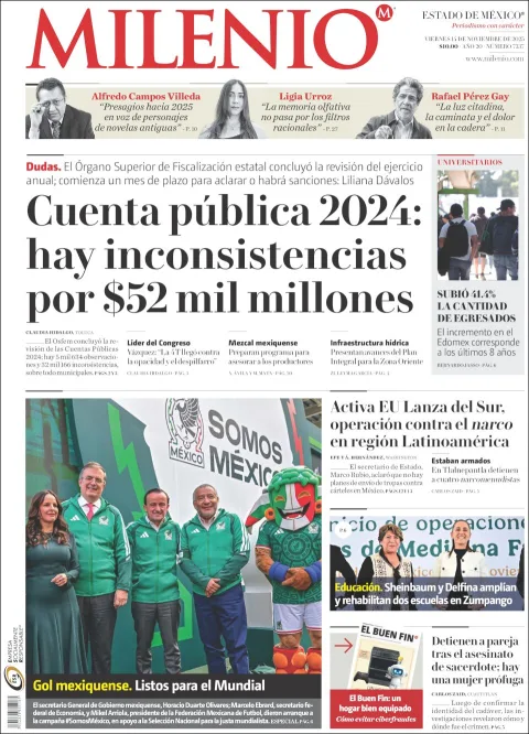 Portada de Milenio Edo de Mexico del viernes, 14 de noviembre de 2025