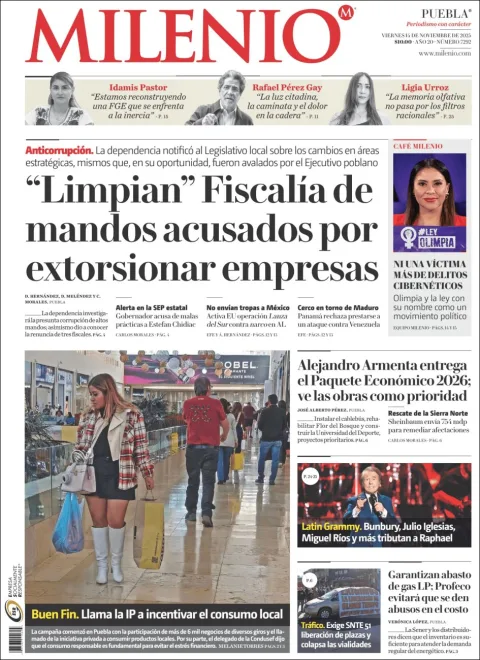 Portada de Milenio Puebla del viernes, 14 de noviembre de 2025