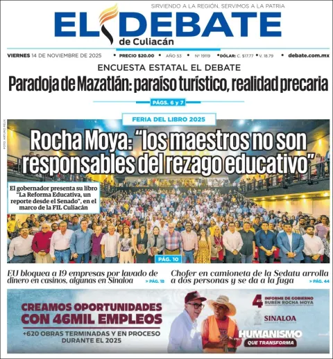 Portada de El Debate de Culiacan del viernes, 14 de noviembre de 2025