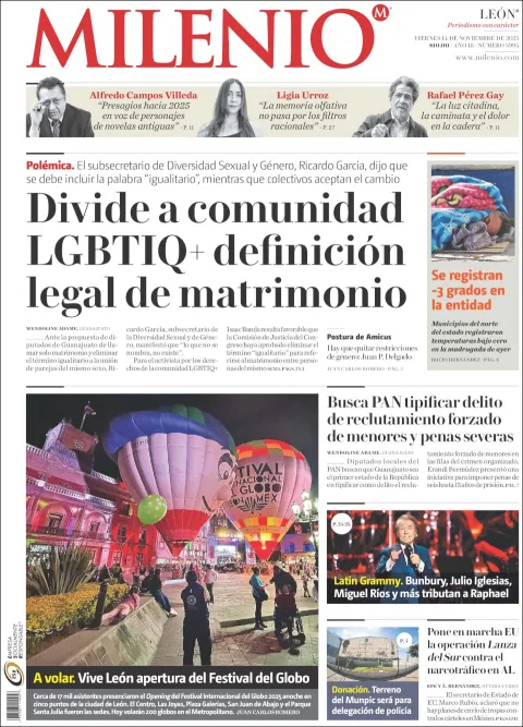 Portada de Milenio Leon del viernes, 14 de noviembre de 2025