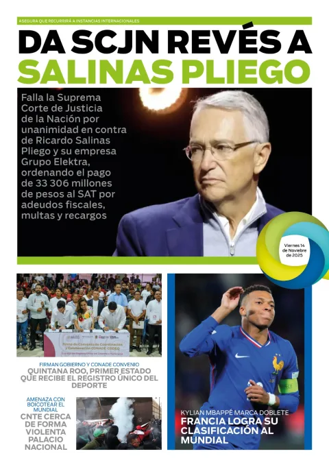 Portada de El Quintana Roo (contraportada) del viernes, 14 de noviembre de 2025