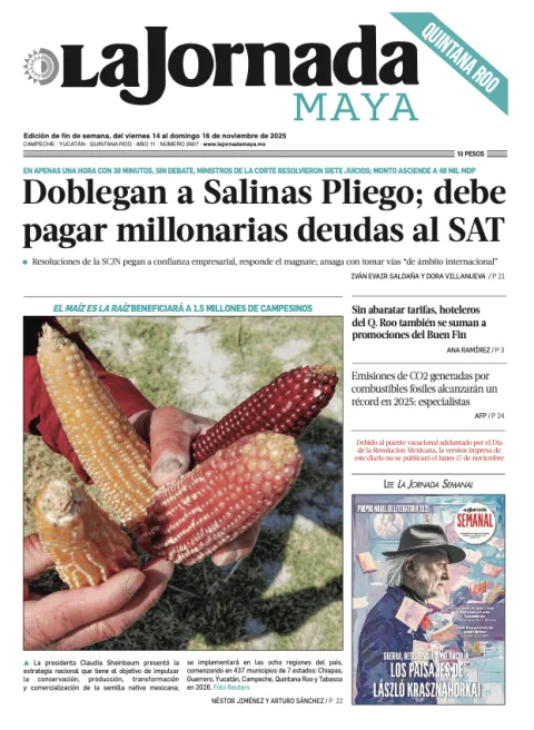 Portada de La Jornada Maya Quintana Roo del viernes, 14 de noviembre de 2025