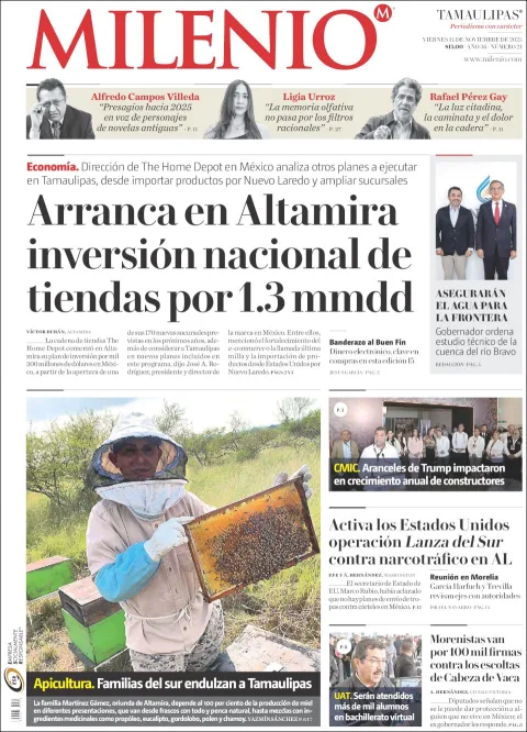 Portada de Milenio Tamaulipas del viernes, 14 de noviembre de 2025