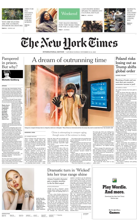 Portada de The New York Times (international) del sábado, 15 de noviembre de 2025