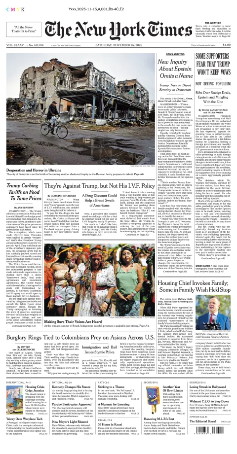 Portada de The New York Times (national) del sábado, 15 de noviembre de 2025