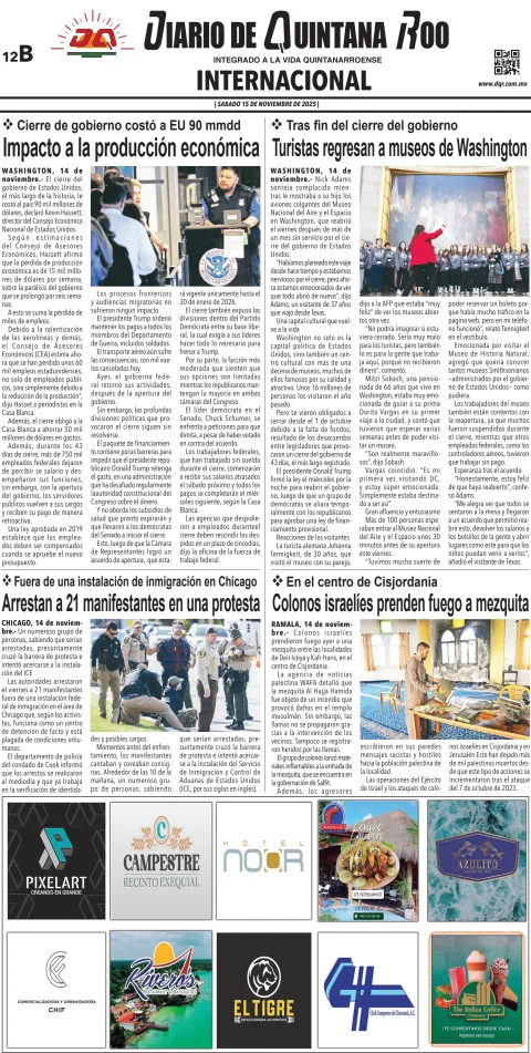 Portada de Diario de Quintana Roo (contra Portada) del sábado, 15 de noviembre de 2025