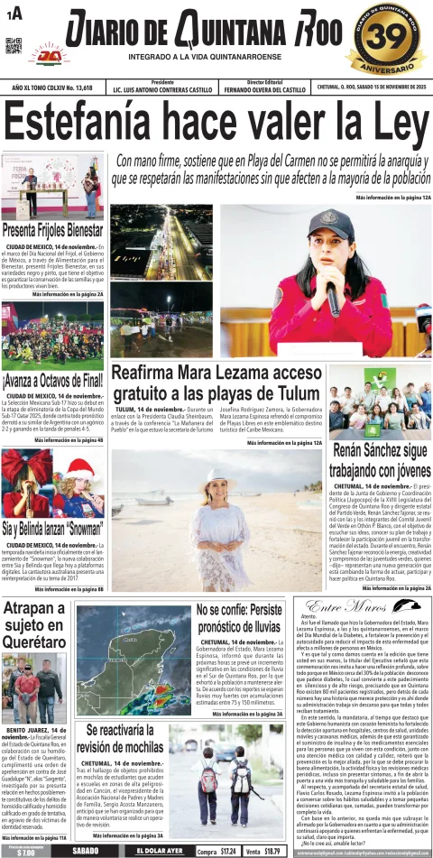 Portada de Diario de Quintana Roo (portada) del sábado, 15 de noviembre de 2025