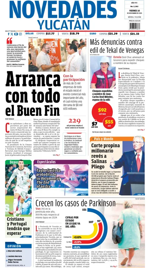 Portada de Novedades Yucatan del viernes, 14 de noviembre de 2025