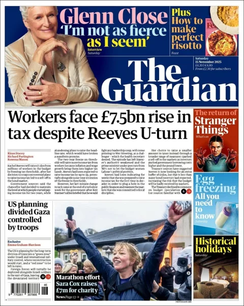 Portada de The Guardian (reino Unido) del sábado, 15 de noviembre de 2025