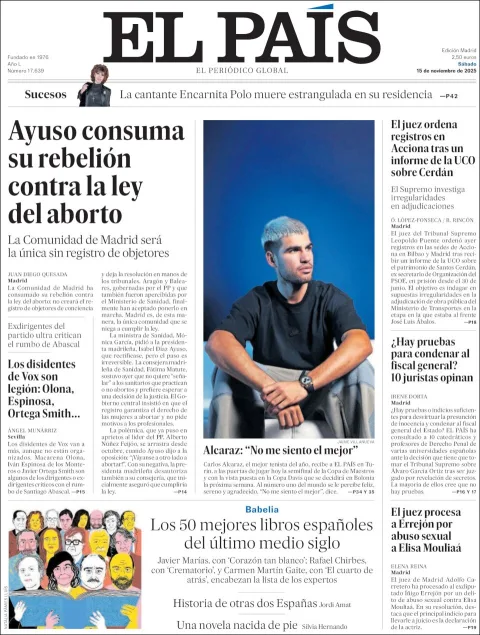 Portada de El Pais del sábado, 15 de noviembre de 2025