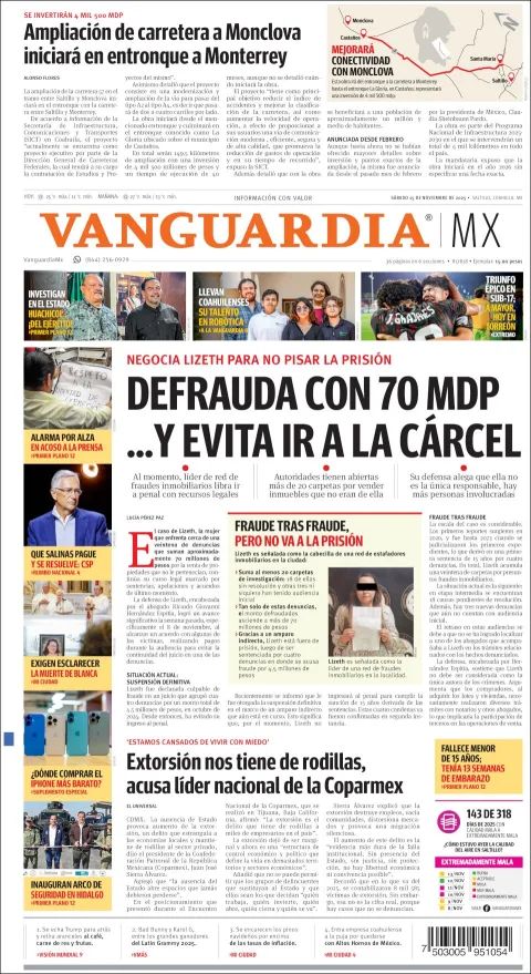 Portada de Vanguardia del sábado, 15 de noviembre de 2025