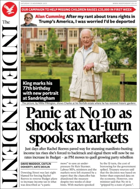 Portada de The Independent del sábado, 15 de noviembre de 2025