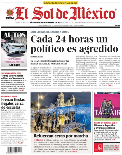 Portada de El Sol de Mexico del sábado, 15 de noviembre de 2025