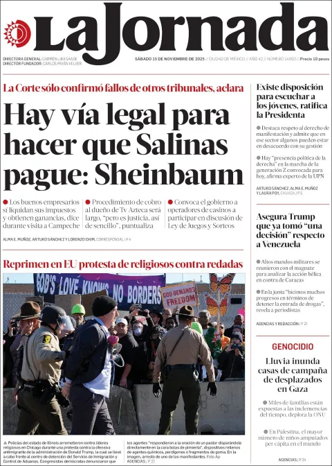 Portada de La Jornada del sábado, 15 de noviembre de 2025