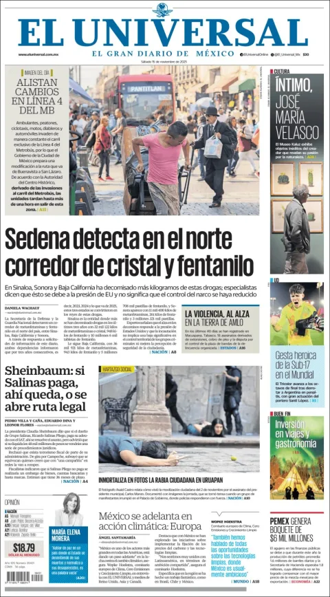 Portada de El Universal del sábado, 15 de noviembre de 2025