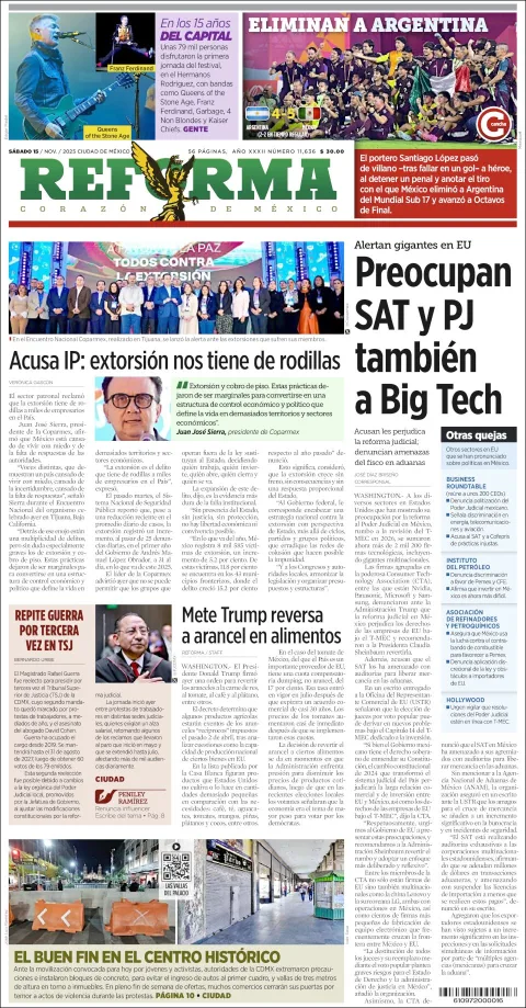Portada de Reforma del sábado, 15 de noviembre de 2025