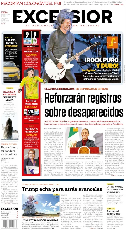 Portada de Excelsior del sábado, 15 de noviembre de 2025