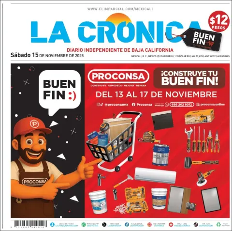 Portada de La Cronica del sábado, 15 de noviembre de 2025