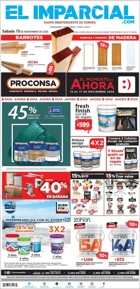 Portada de El Imparcial del sábado, 15 de noviembre de 2025