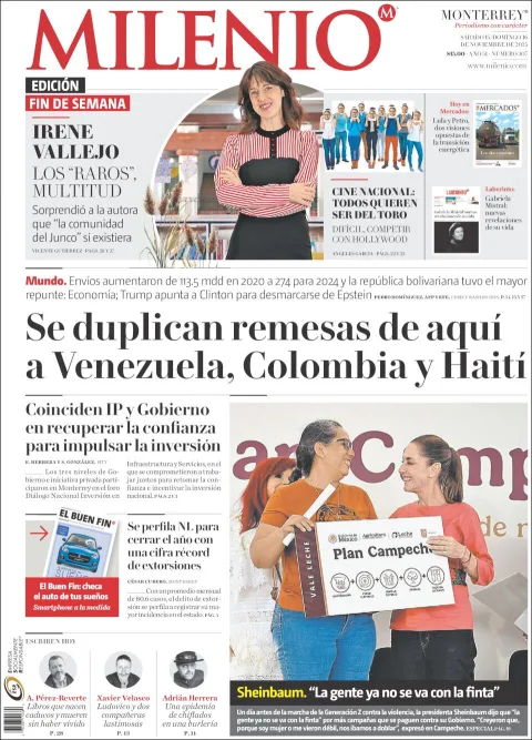 Portada de Milenio del sábado, 15 de noviembre de 2025