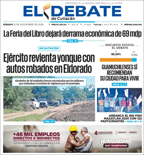 Portada de El Debate de Culiacan del sábado, 15 de noviembre de 2025