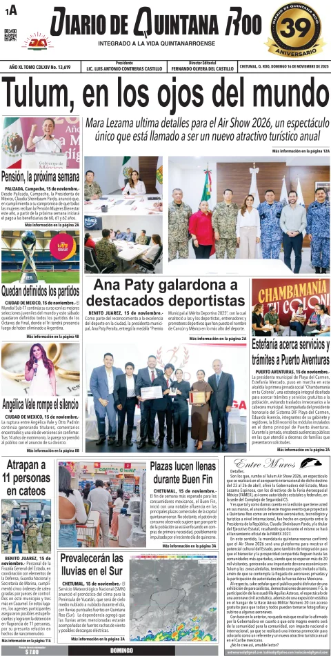 Portada de Diario de Quintana Roo (portada) del domingo, 16 de noviembre de 2025