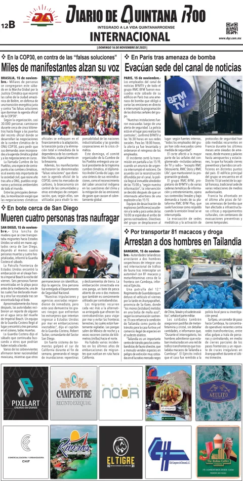 Portada de Diario de Quintana Roo (contra Portada) del domingo, 16 de noviembre de 2025