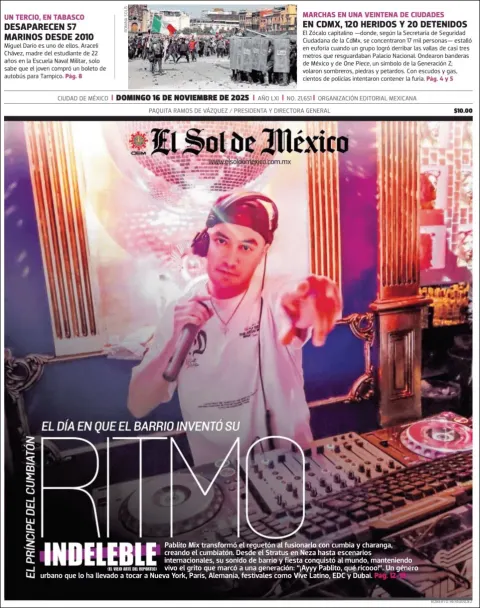 Portada de El Sol de Mexico del domingo, 16 de noviembre de 2025