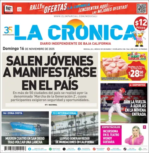 Portada de La Cronica del domingo, 16 de noviembre de 2025