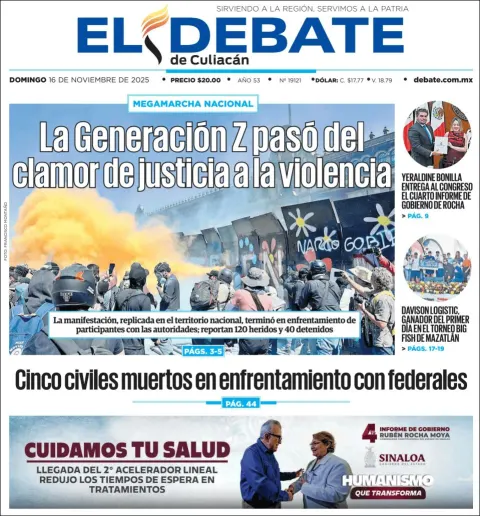 Portada de El Debate de Culiacan del domingo, 16 de noviembre de 2025