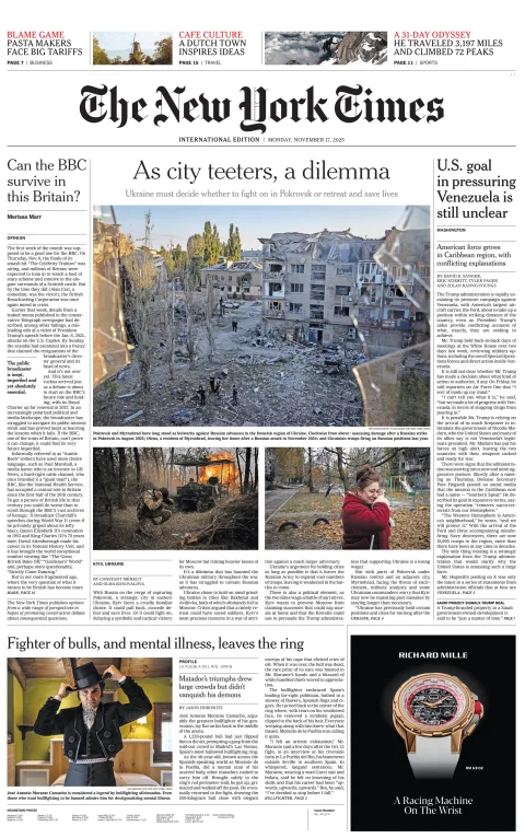 Portada de The New York Times (international) del lunes, 17 de noviembre de 2025