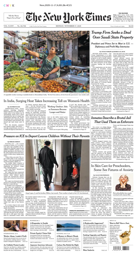 Portada de The New York Times (new York) del lunes, 17 de noviembre de 2025