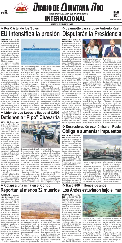 Portada de Diario de Quintana Roo (contra Portada) del lunes, 17 de noviembre de 2025