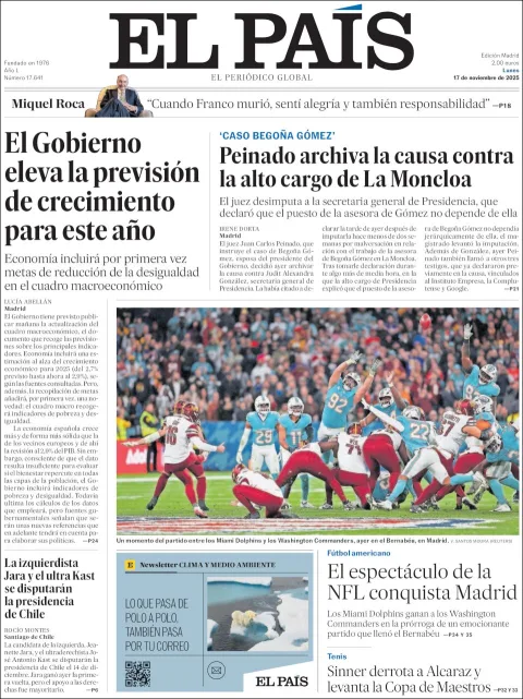 Portada de El Pais del lunes, 17 de noviembre de 2025