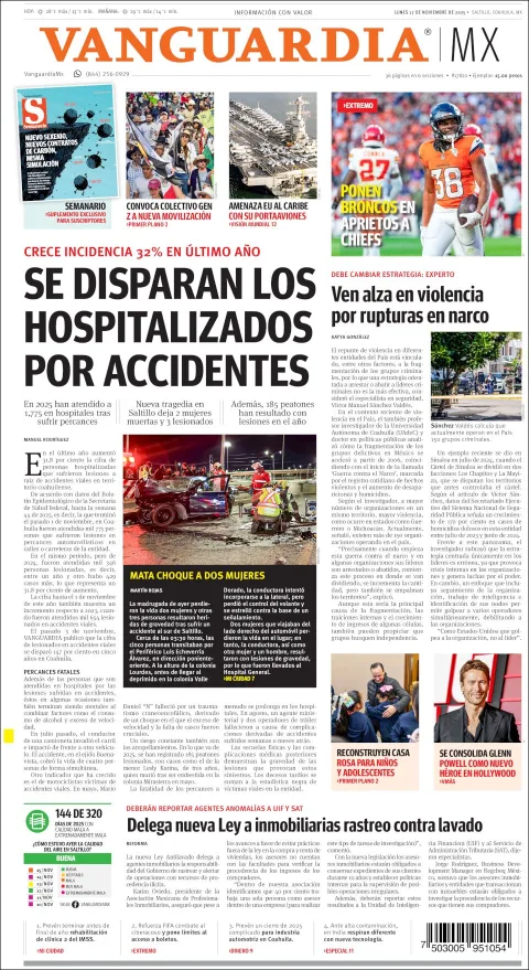 Portada de Vanguardia del lunes, 17 de noviembre de 2025