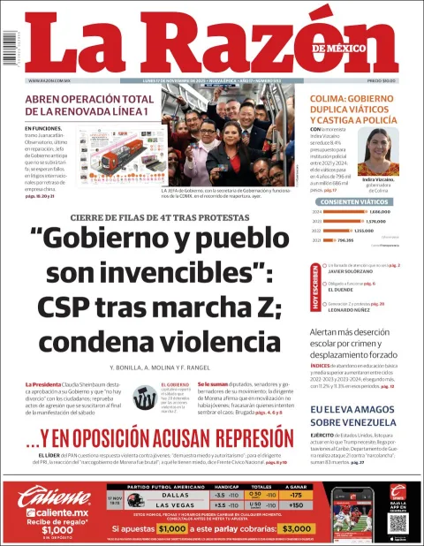 Portada de La Razon del lunes, 17 de noviembre de 2025