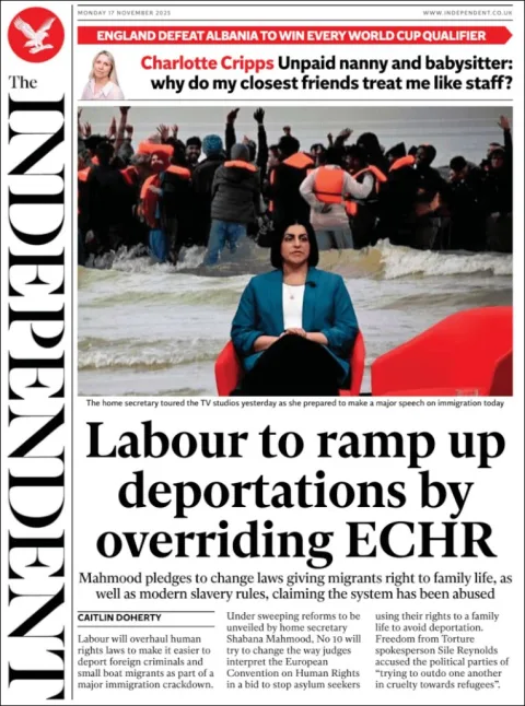 Portada de The Independent del lunes, 17 de noviembre de 2025